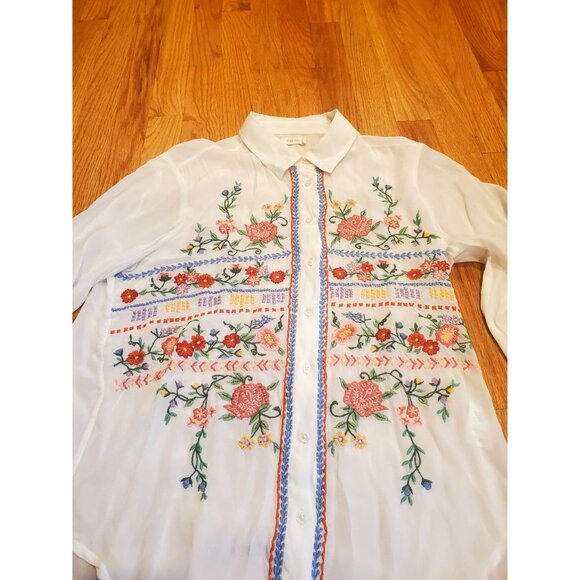 Boho Floral Embroidered Sheer White Button-Up Blouse Kyla Seo Feminine Small - Picture 2 of 8